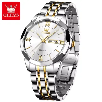 OLEVS 9989 Men's Watch Classic Prism Mirror Waterproof Dual Calendar Fashion Business Watch Luxury Brand Quartz Men Watch - SilverGolden White